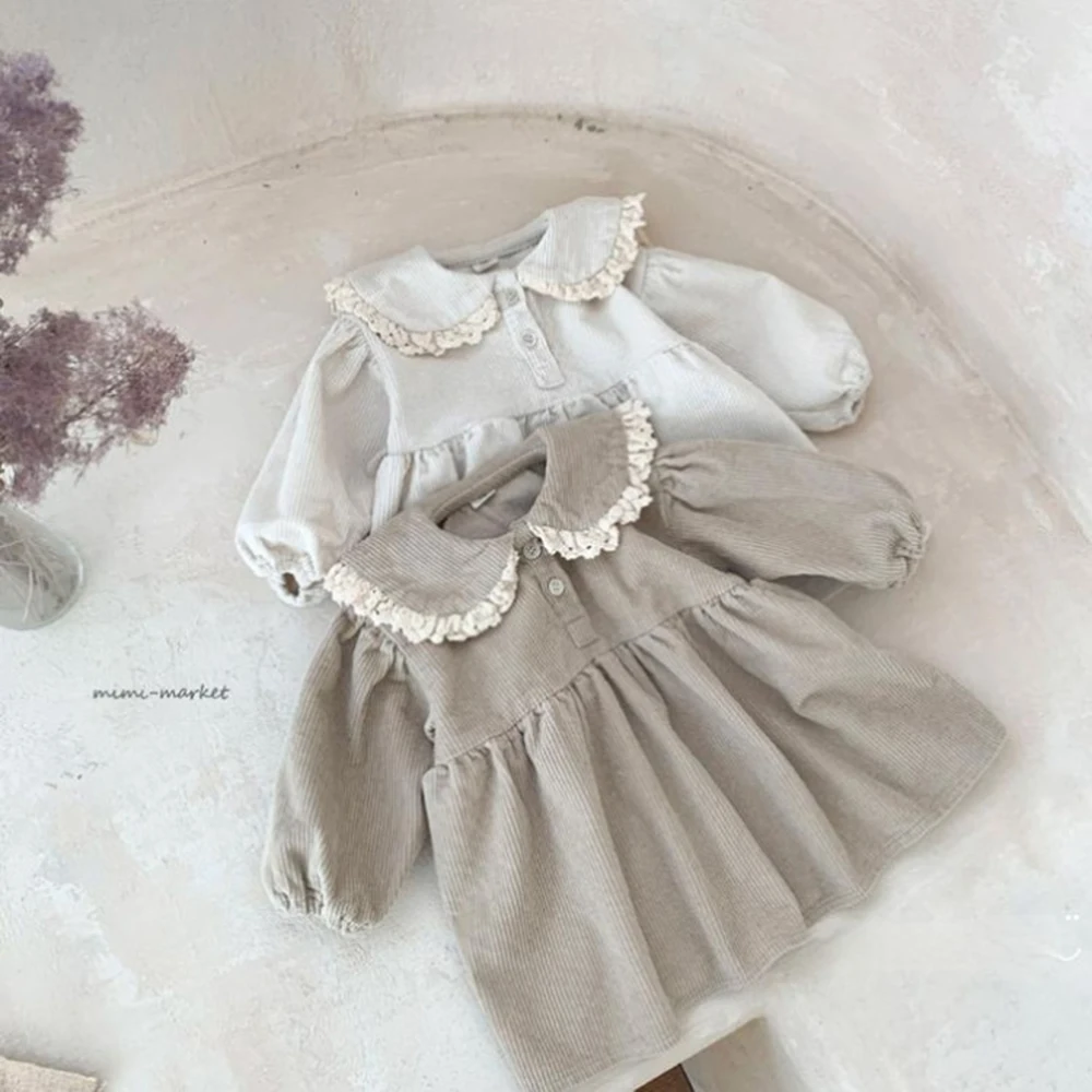 WF Baby Girl Corduroy Princess Dress Solid Lace Long Sleeve Dress Spring Autumn Children Retro Casual Loose Dresses Kids Outfits