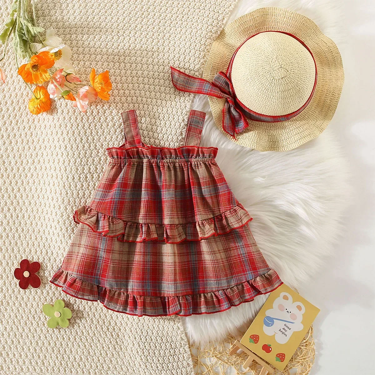 

2Pcs/SetGirl's Dress Summer New Children's French Sweet Sling Dress Little Girl Red Checkered Cake Dress Comes with Hat