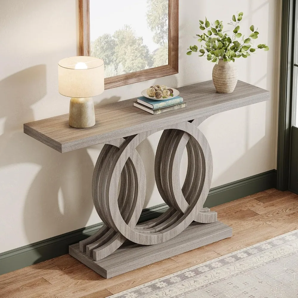 55-Inch Console Table with Geometric Wood Base, Modern Entryway Table with Thick Tabletop for Living Room, Hallway