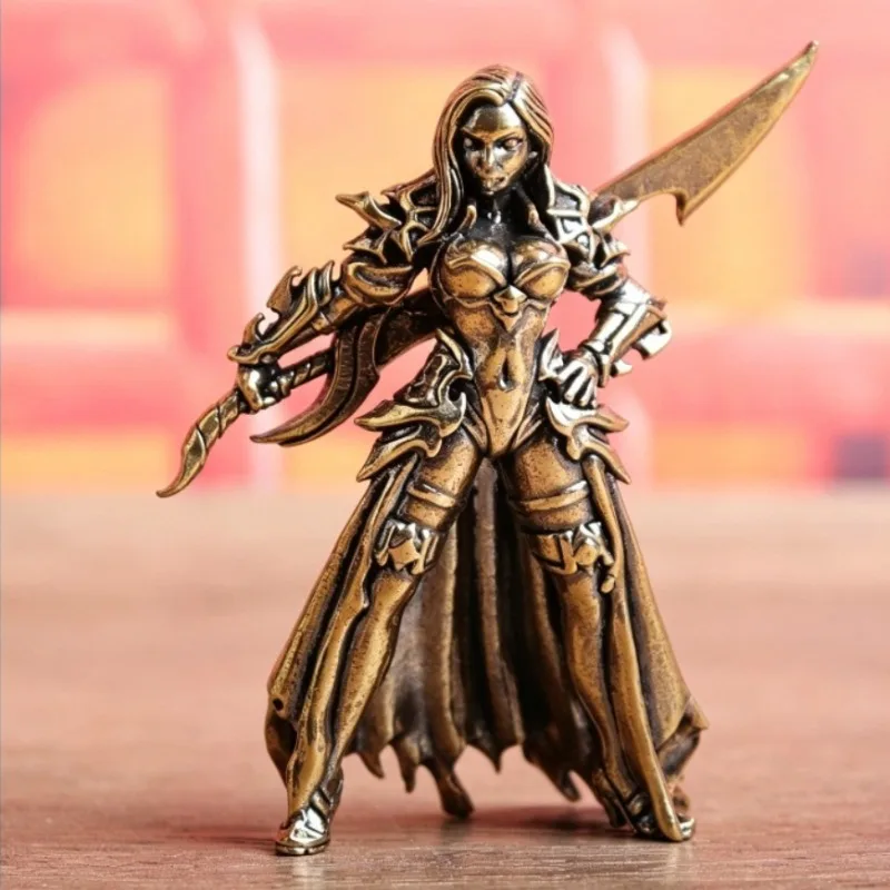 Vintage Brass Female Warrior Figurine, Fantasy Swordswoman Statue with Blades, Miniature Sculpture Home Decor Gift