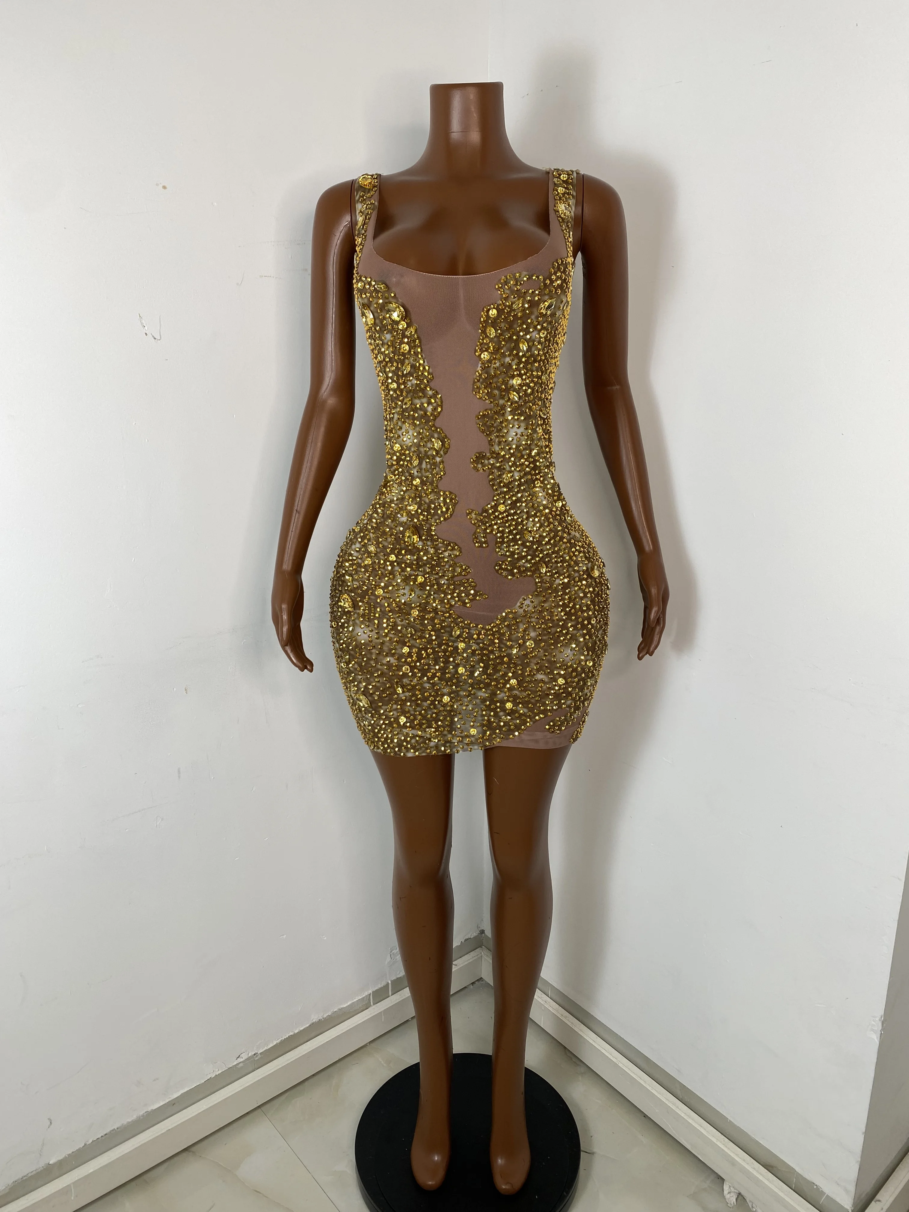 Women Sexy O Neck Sleeveless Gold Diamonds Crystal Mini Dress Birthday  Party Costume Bar Nightclub Stage Performance Clothing - AliExpress