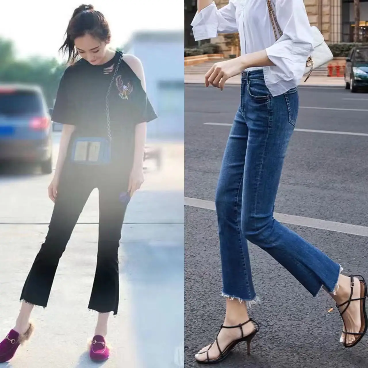 

High Waist Elastic Frayed Hem Asymmetrical Nine Point Micro Flared Denim Jeans Women Slimming Autumn 2023 Cotton Stretch Denim