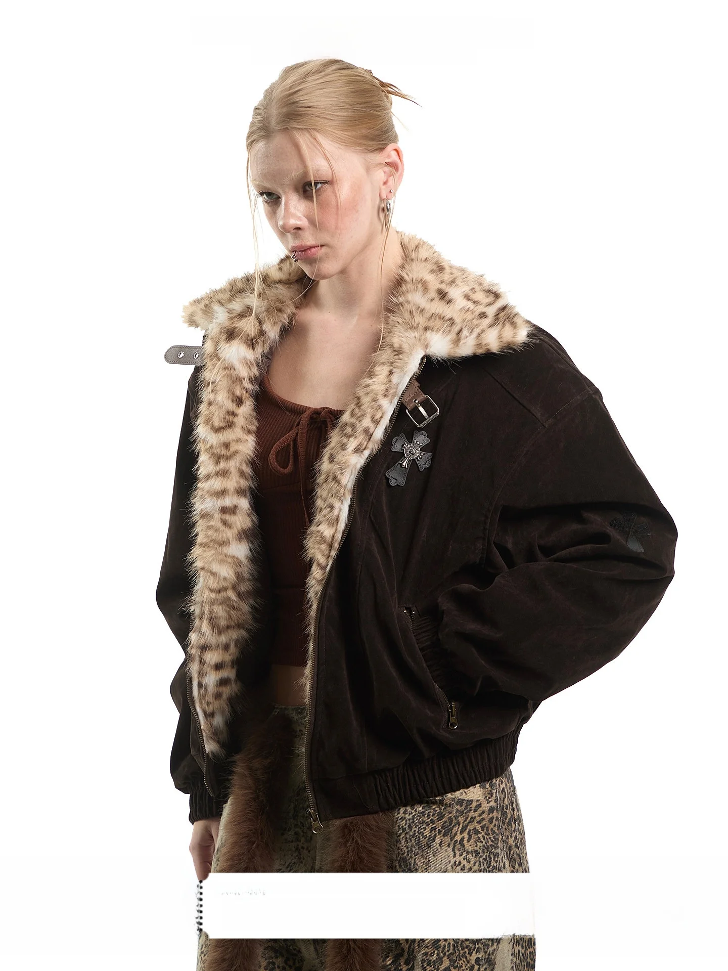 

Uncmhisex American Retro Leopard Print Fur Collar Cotton Jaet Women's Winter Thi Warm Flight Jaet Cotton Outerwear