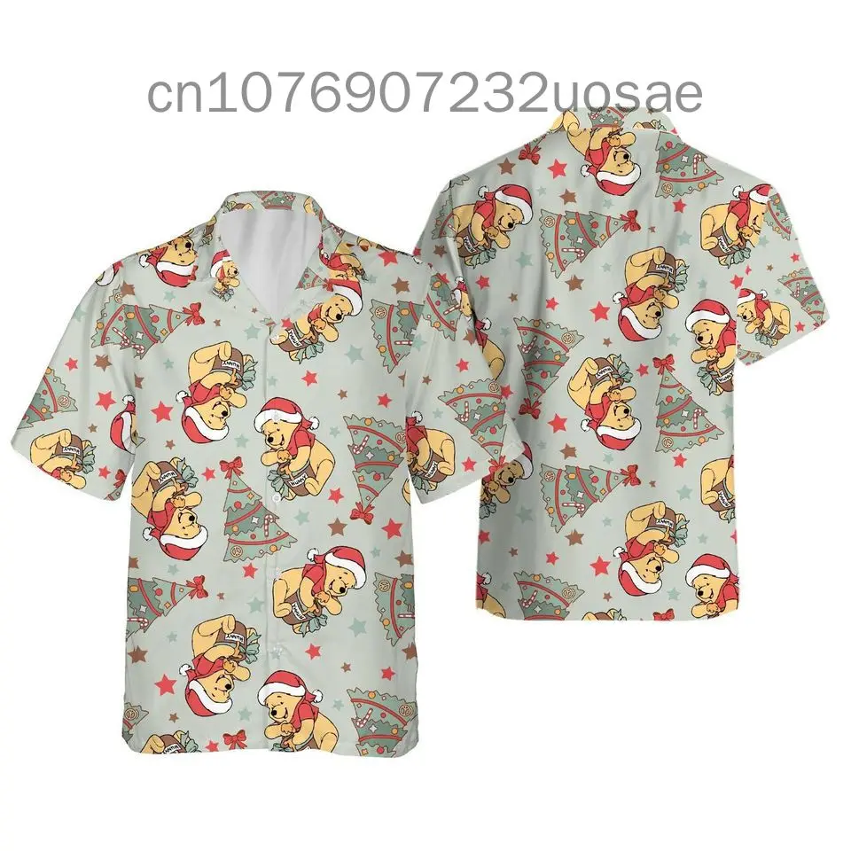 Disney Winnie The Bear Christmas Hawaiian Shirt Men's And Women's Short Sleeve Button Up Shirt Casual Beach Hawaiian Shirt