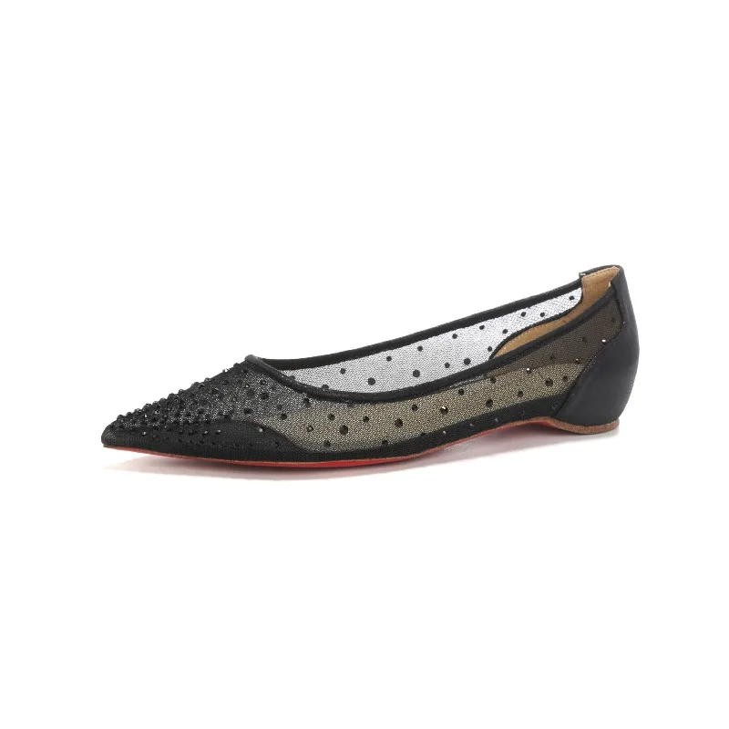 Sharp pointed nude flat shoes, shallow mouth, low heel, mesh, rhinestone wedding shoes, large size,height increasing single shoe