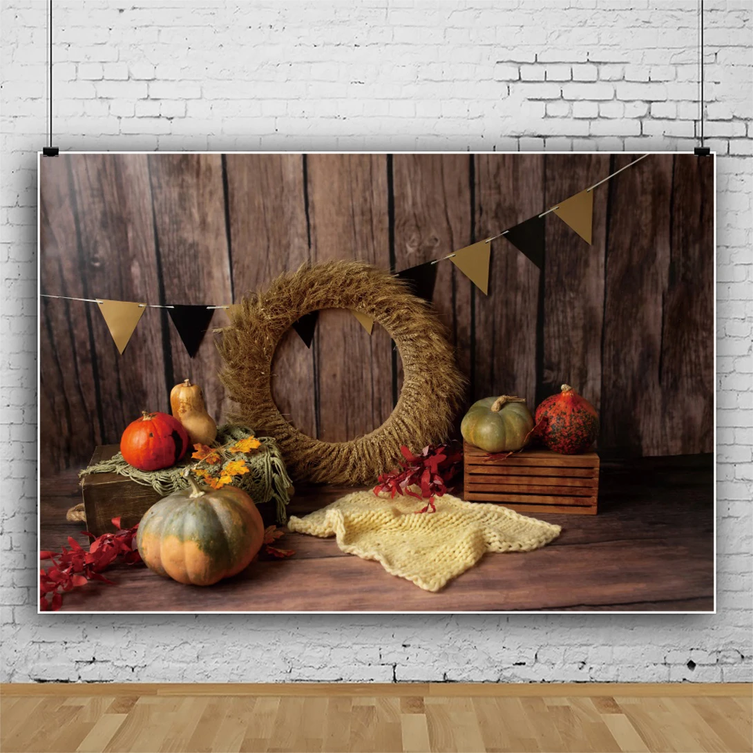 Laeacco Halloween Pumpkin Backdrop Thanksgiving Autumn Gifts Rustic Wood Wall Birthday Party Portrait Photography Backgrounds