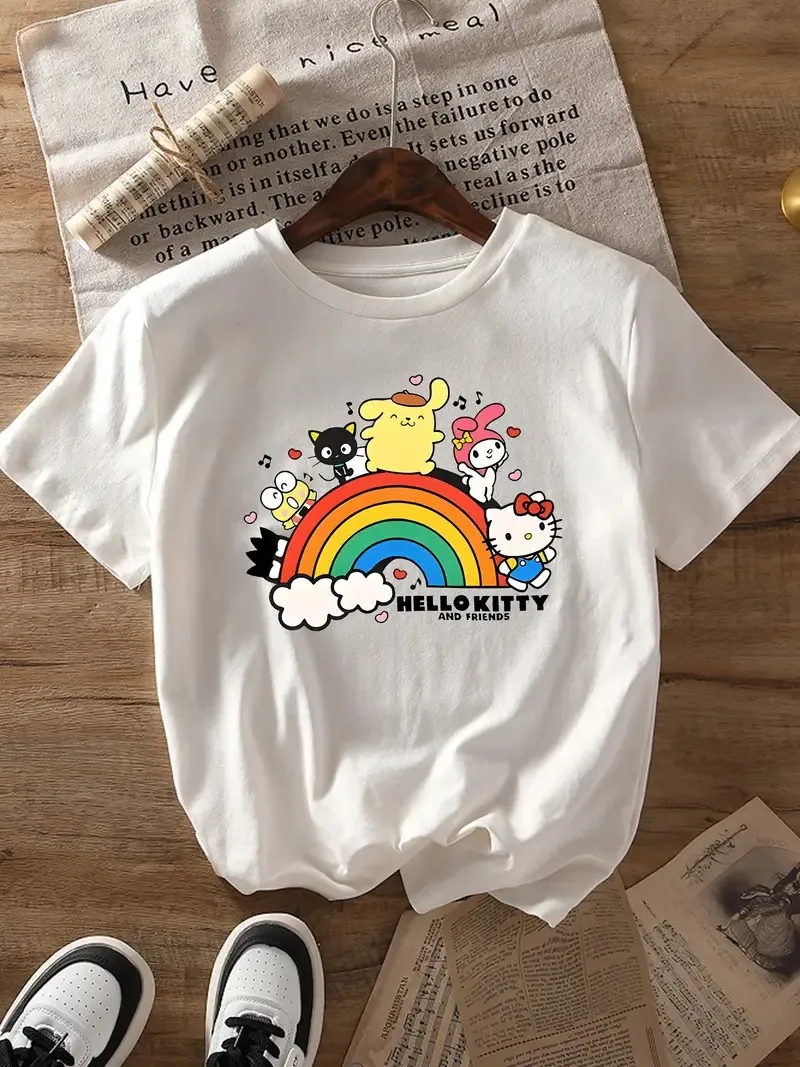 

Sanrio Characters Rainbow Fun Cotton T - shirt Printed Brand Pure Cotton T-shirt Short Sleeve Unisex Round Neck Tee S-4XL