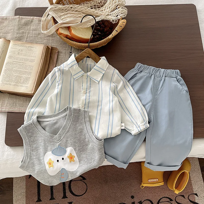 Spring and Autumn Children's Set New Boys' and Baby's Striped Shirt Vest Loose Casual Pants 3-Piece Set