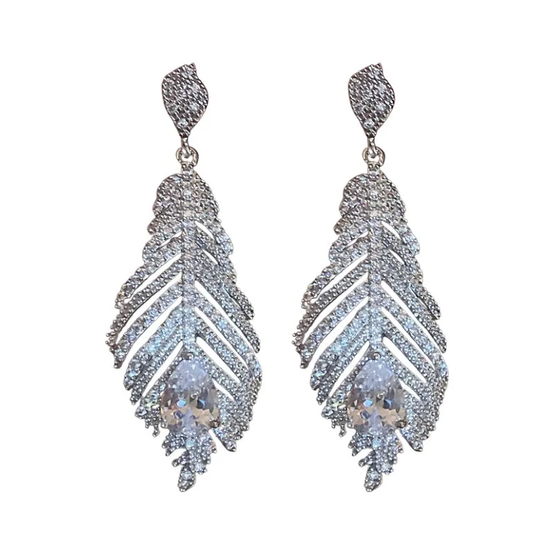 Silver Needle Diamond Zircon Water Drop Feather Exaggerated Grand Ear Stud Light Luxury High-end Earrings for Women 2026 Jewelry