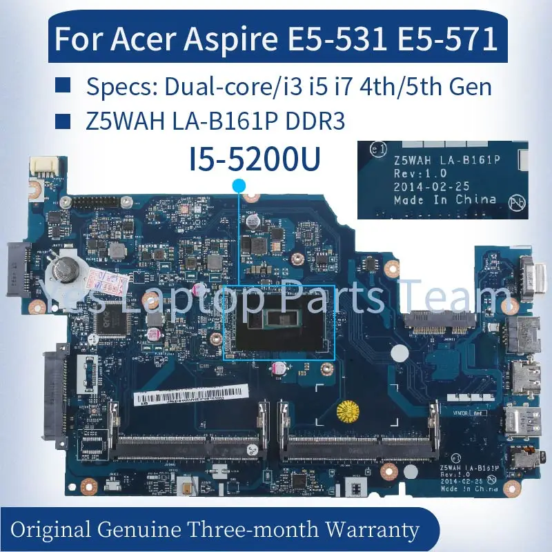 

Z5WAH LA-B161P для Acer Aspire E5-531 E5-571 материнская плата ноутбука двухъядерный/i3 i5 i7 4-го/5-го поколения NBML 811004 Материнская плата ноутбука