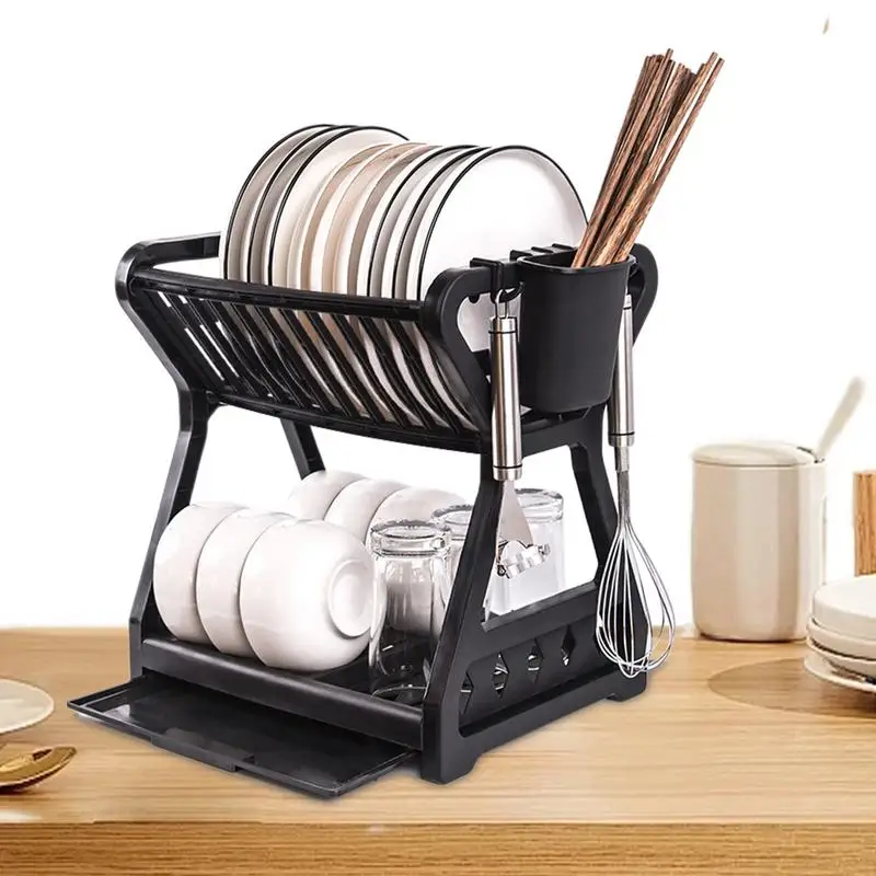 

2-Tier Dish Drying Rack Compact Kitchen Dish Rack Drainboard Set Large Rust-Proof Dish Drainer with Utensil Holder