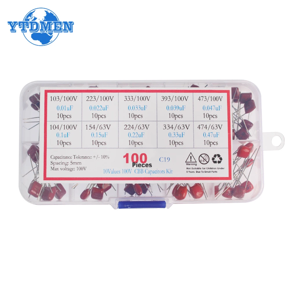 100pcs CBB Assortment Kit Capacitor 63V 100V 10nF~470nF Polypropylene Film Capacitor 10nF 22nF 33nF 47nF 100nF 220nF 330nF 470nF