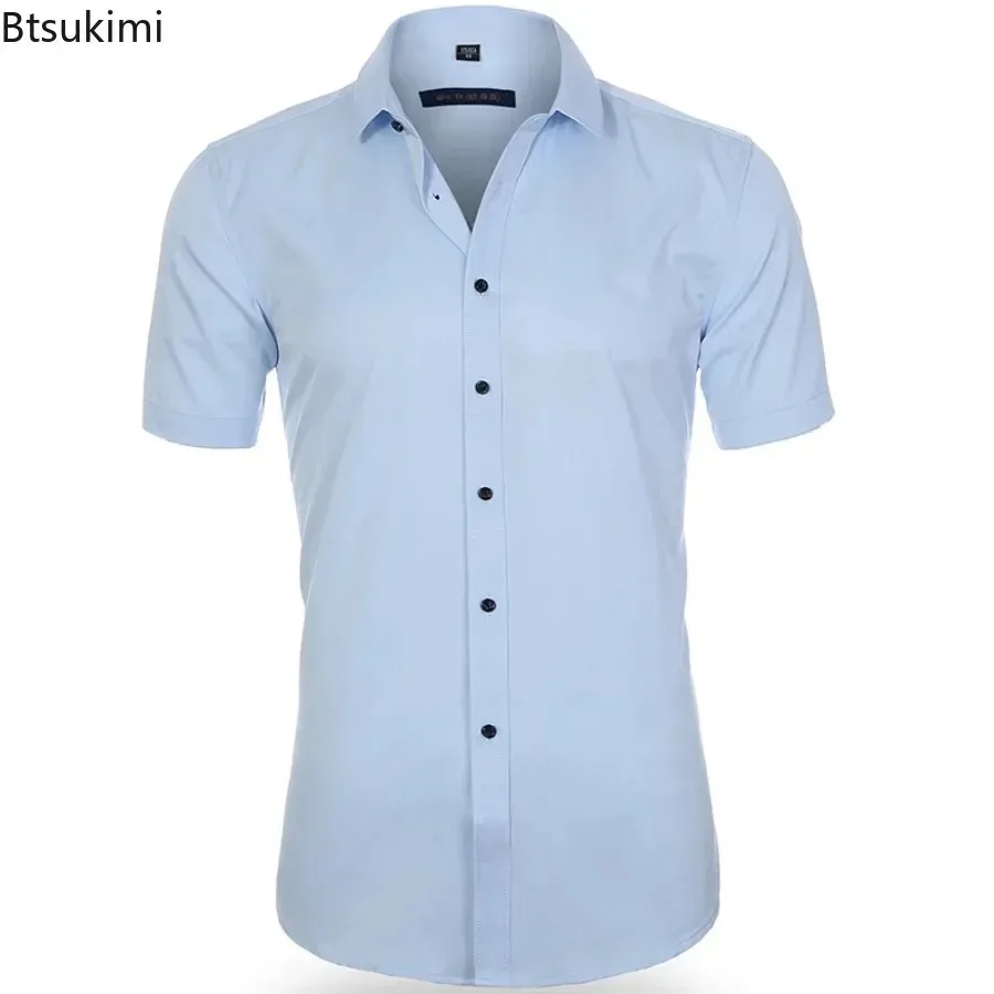 New 2026 Slight Elasticity Men's Short Sleeve Dress Shirt Business Casual Tops Solid Slim Non-ironing Shirt Formal Shirt for Men