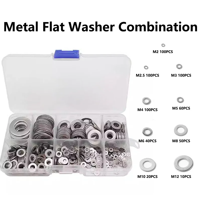 

580pcs/Box M2 M2.5 M3 M4 M5 M6 M8 M10 M12 304 Stainless Steel Flat Gasket Wafer Washer