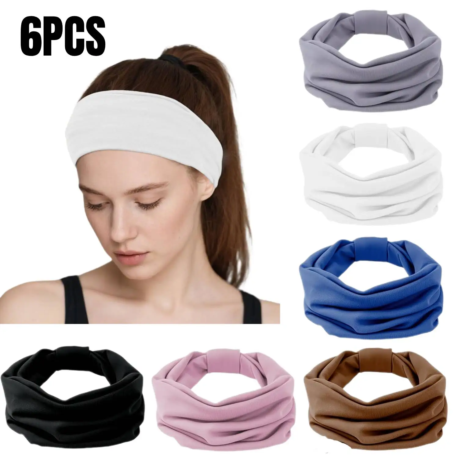 

Набор из 6 широких повязок на голову для женщин, нескользящие повязки с узлом, эластичные спортивные повязки для волос, модный аксессуар для волос для женщин