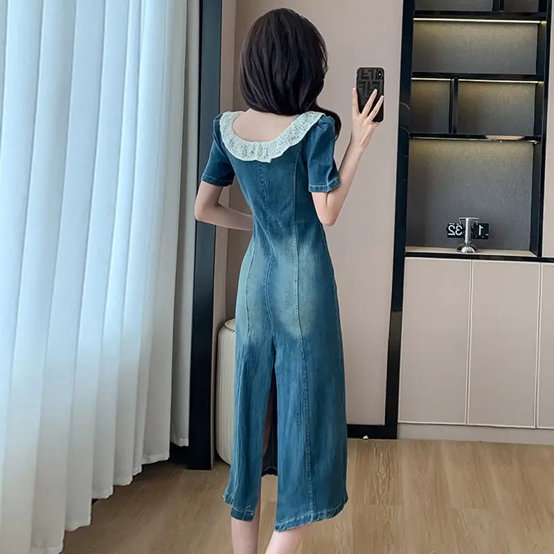 Denim Dress Round Neck Lace Splicing Back Slit 2024 Summer New Style French Style Women'S Waist Slimming Mid-Length Skirt