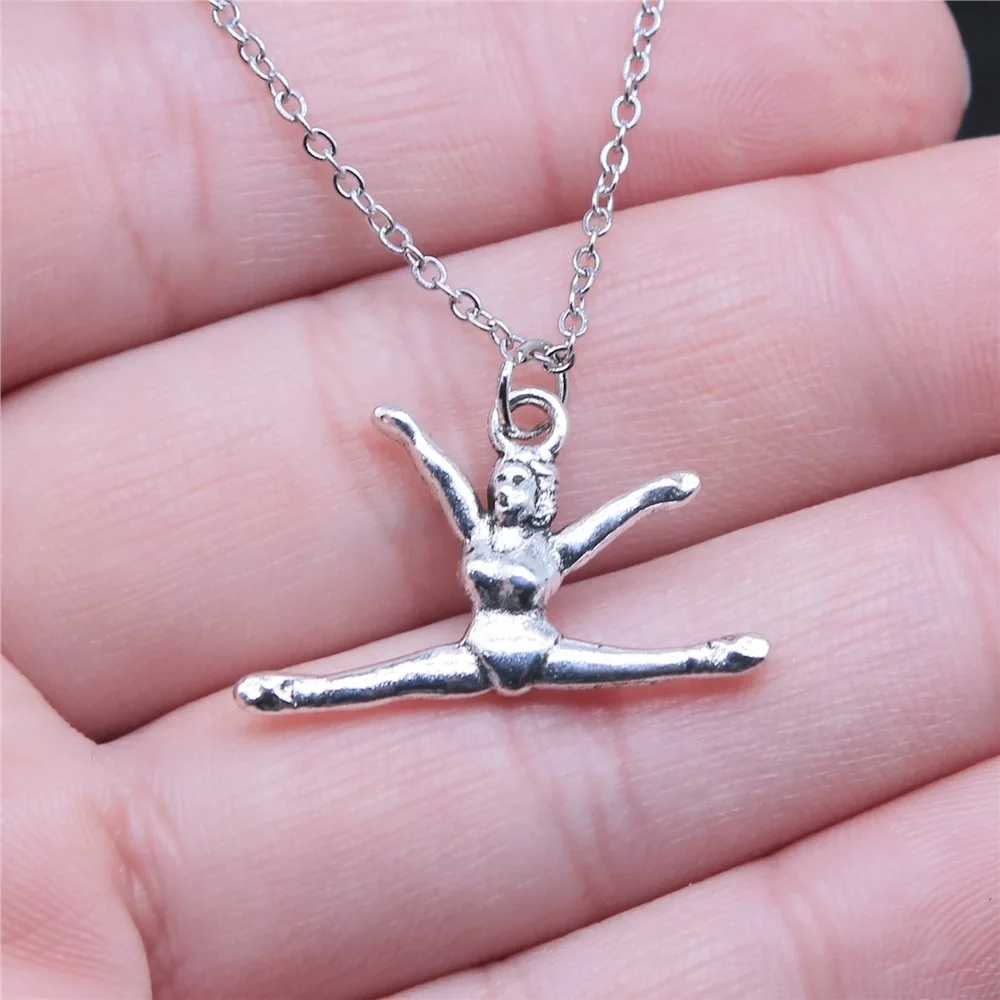 Drop Shipping Antique Silver Color 22x16mm Gymnast Necklaces Short Chain Choker Necklaces