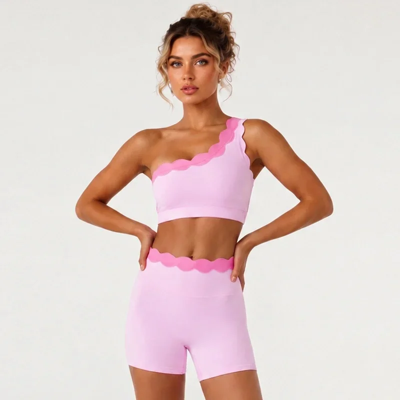 2 Piece Gym Set Color-Block Single Shoulder Strap Sports Bra Pilates Outfit Shell Lace Shorts Fitness Summer Yoga Outfit Sets