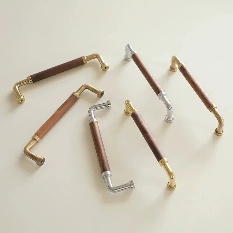 Furniture Hardware Accessories 96mm/128mm Walnut Wood +Brass Handle Pull with Screws Kitchen Cabinet Cupboard Door Drawer Knobs