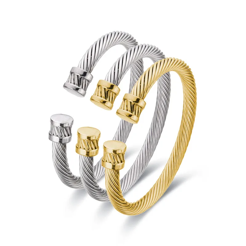 Adjustable C Shape Stainless Steel Bracelets Wire Rope Cuff Bangles for Women Retro Style Stackable Jewelry Chic Wedding Gifts