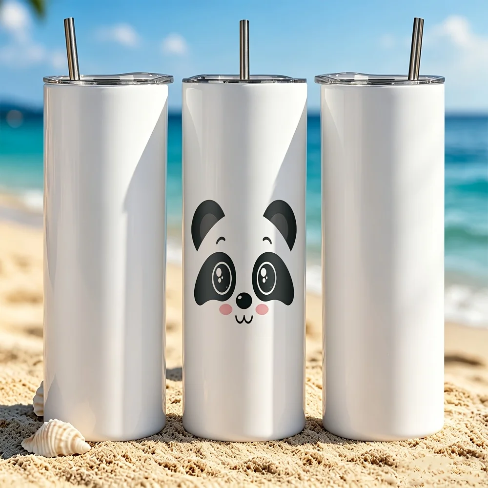 1pc/20oz/590ml/Double Wall Stainless Steel Insulated Skinny Tumbler with Straw And Lid,Outdoor Travel Coffee Mug,Cute Panda Face Design Festive Gift Option,Warm Gifts for Family And Friends In Autumn and Winter Seasons,Holiday Party Supplies