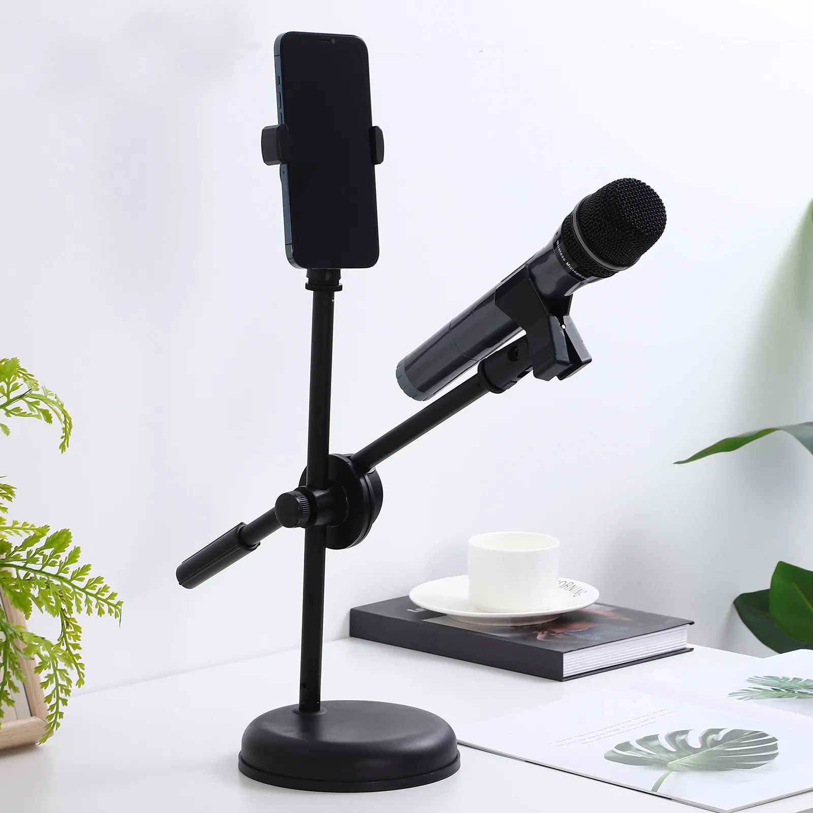 1Set Multifunctional Adjustable Tabletop Mic Stand with Thickened Base Rotatable Mic Holder and Phone Mount for Recording