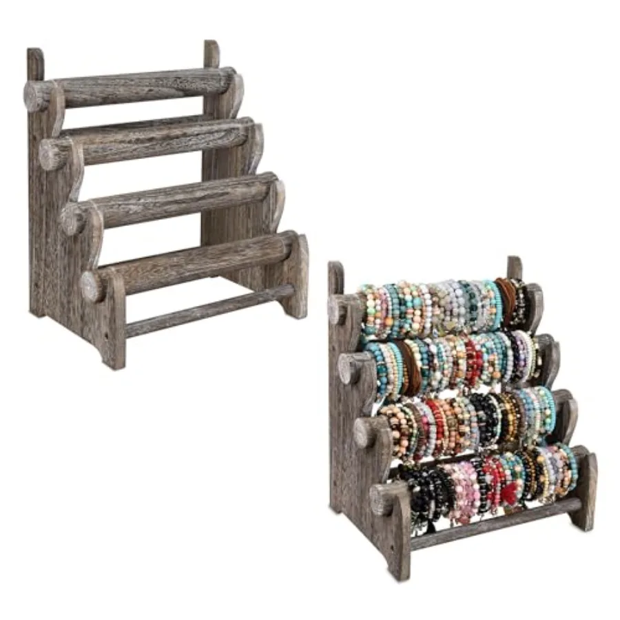 

2 Pcs Antique Wooden 4 Tier Jewelry Bracelet Display Stand Bangle Scrunchie Organizer Holder for Store Showcase and Home Storag