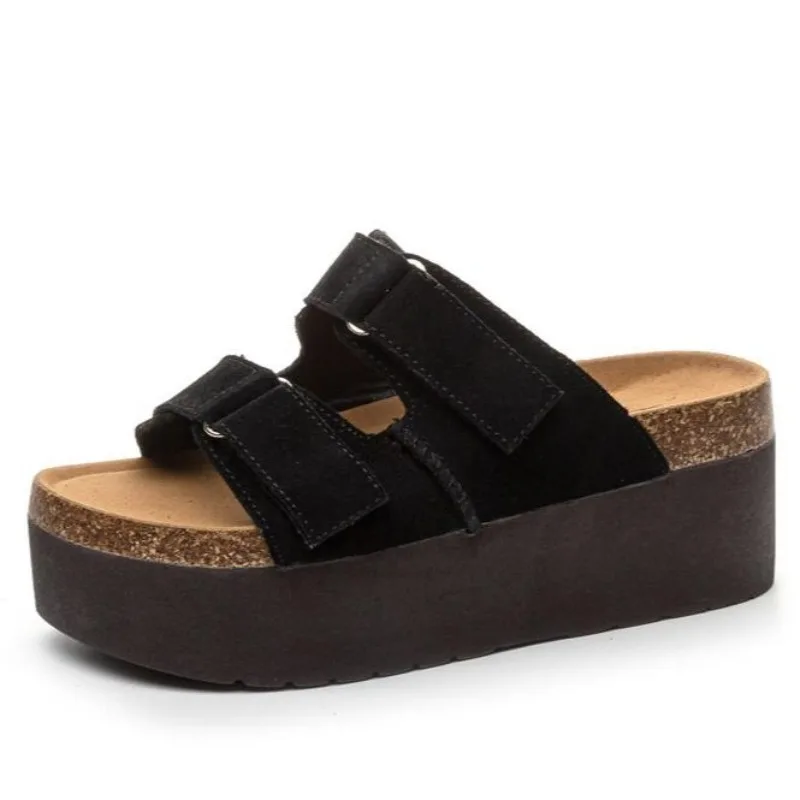 Sandalias de piel auténtica de vaca para mujer, zapatos de plataforma con cuña, de alta calidad, de 7CM, a la moda, para verano