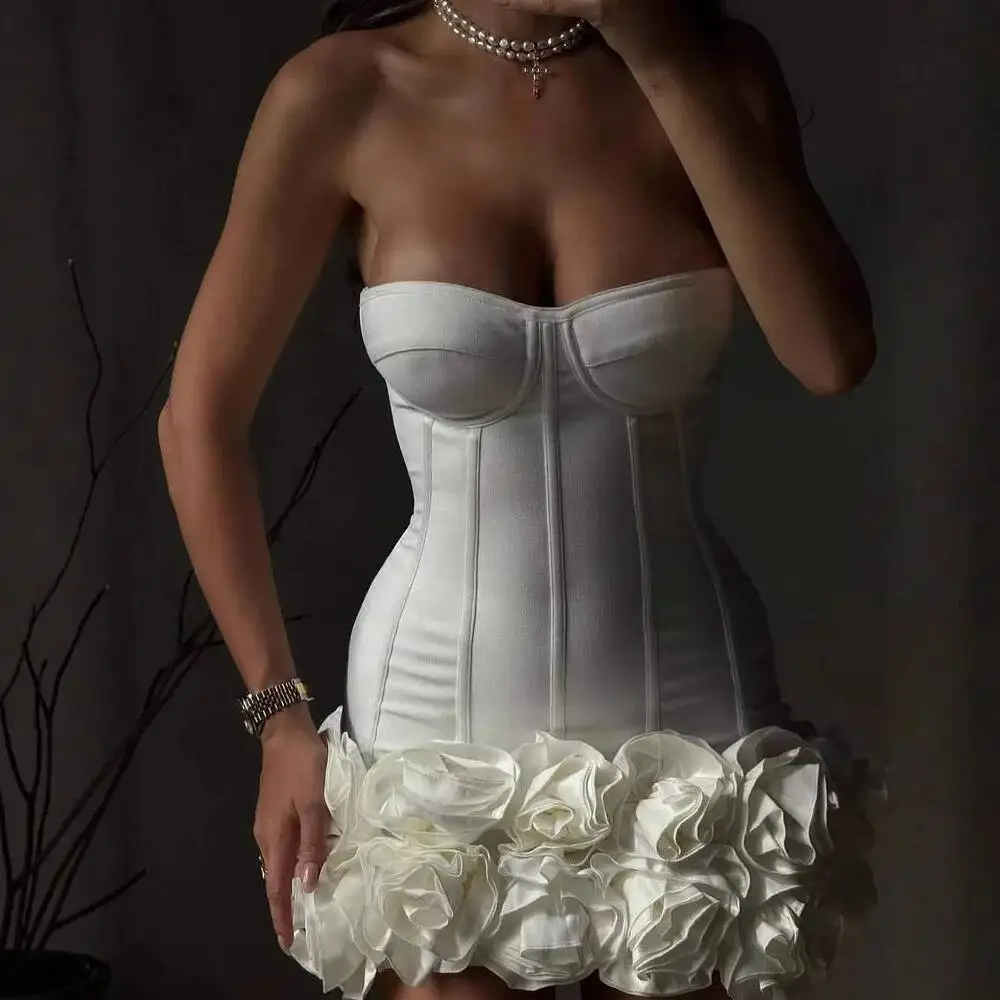 Women Mini Dress Flower Corset Dress  Stretchy Bandage Boned Design  Slim Fit Abdomen Control Evening Short Gown