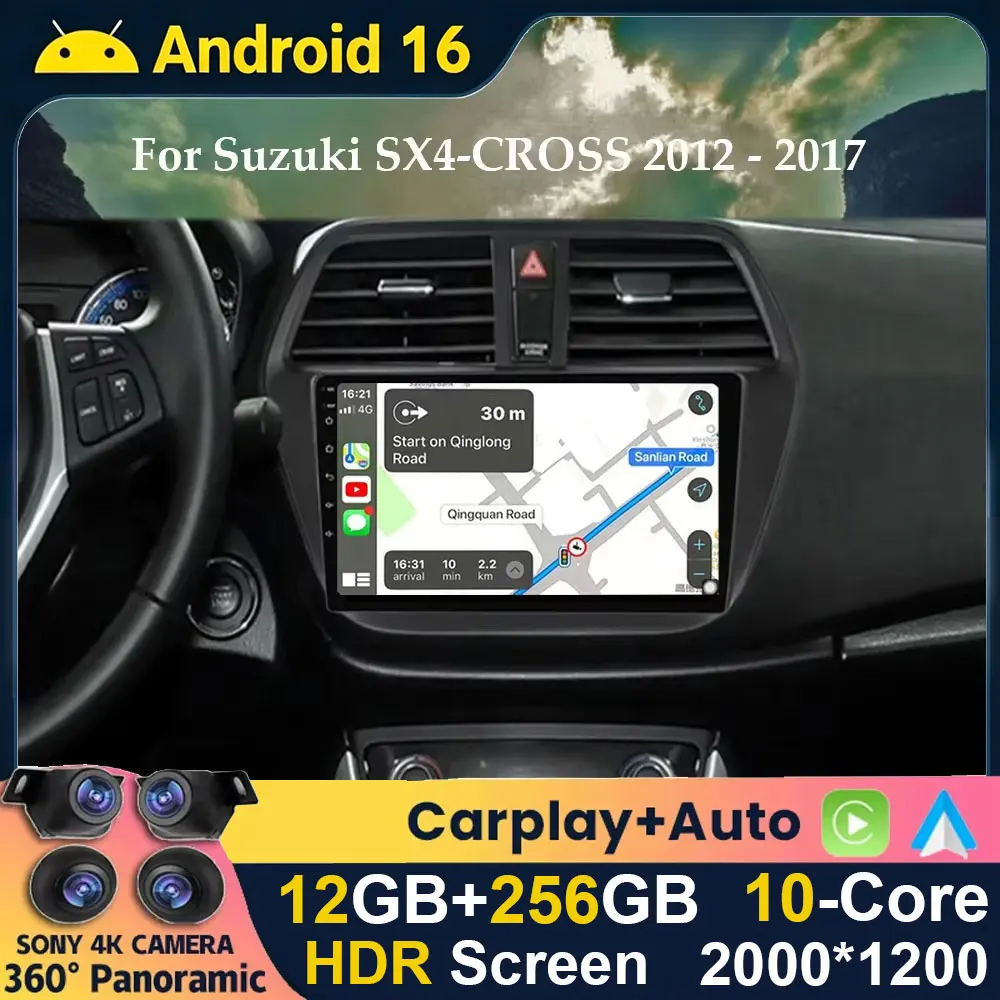 Android 16 Carplay+Auto Audio Car Radio for SUZUKI SX4 S-CROSS 2012 - 2017 Autoradio Multimedia Video Player Screen Car GPS