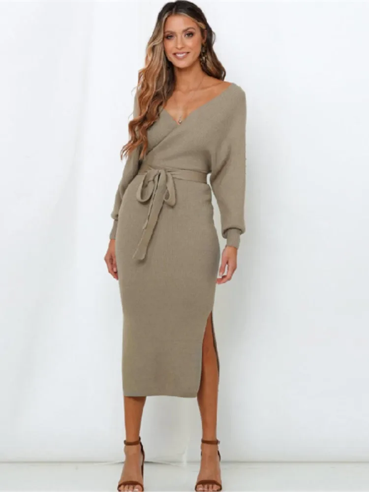 春の女性用エレガントな長袖ボディコンワンピース、カジュアルな無地のリブ編みスキニーニットマキシワンピース、秋の女性用セクシーセーターワンピース