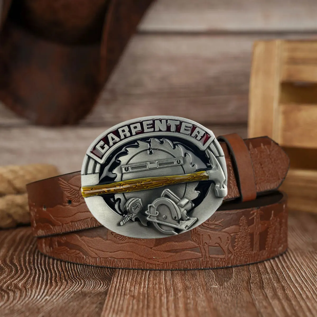 Oval Woodworking Carpenter Belt Buckle - Retro Western Cowboy Style Embossed Red Belt Buckle for Men