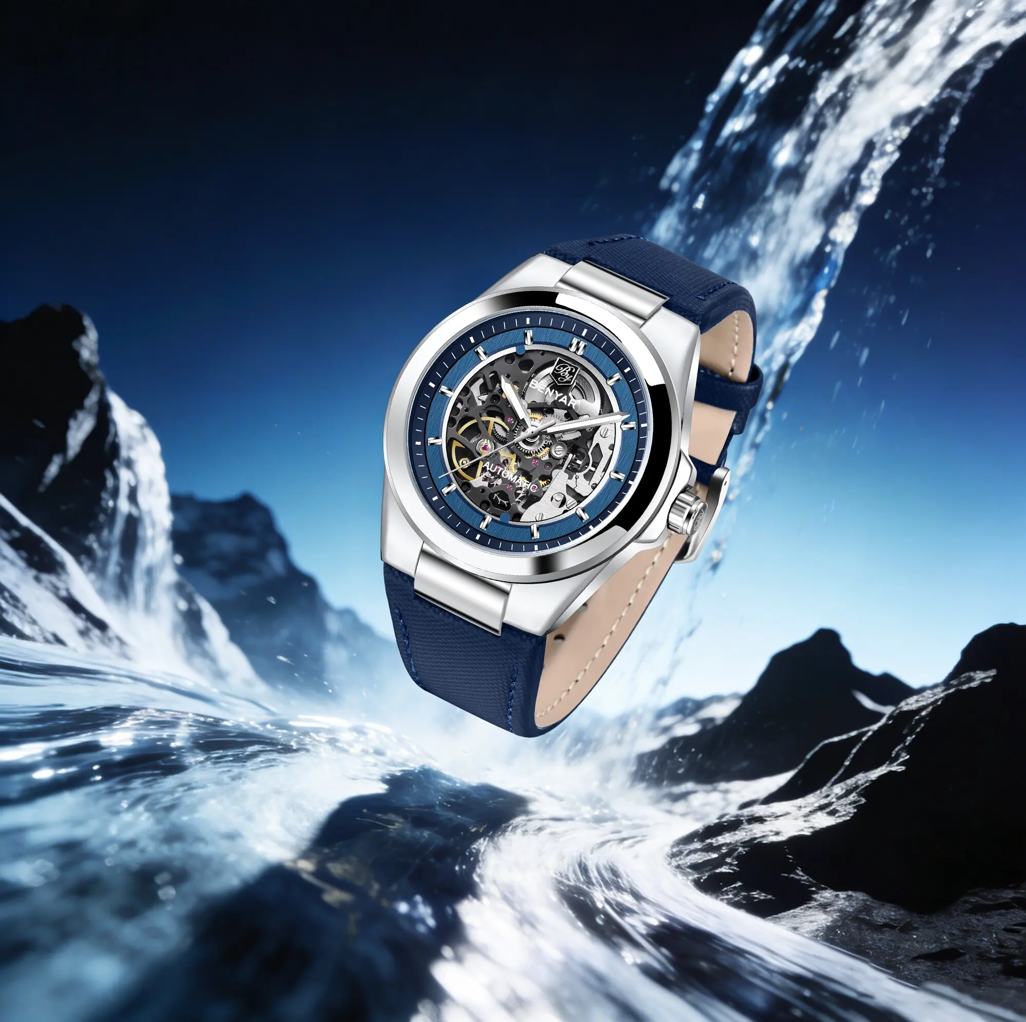BENYAR Men Automatic Mechanical Wristwatch With A Minimalist Elegant Featuring Hollow Dial Water-Resistant Luminous Tourbillon