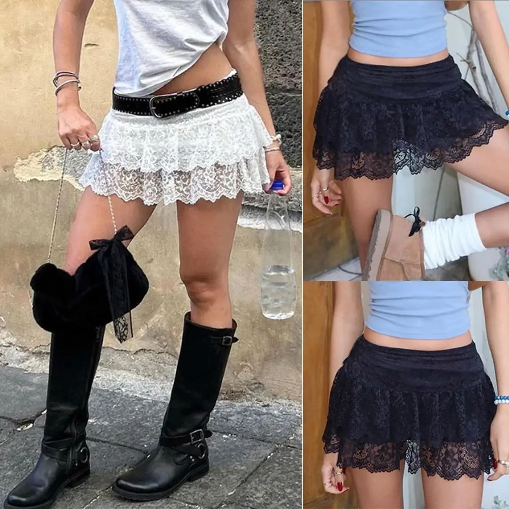 

Embroidered Flower Lace Mini Skirt See Through Y2K Streetwear Ruched Skirts Double Layer Harajuku Lace Up Ruffles Skirt