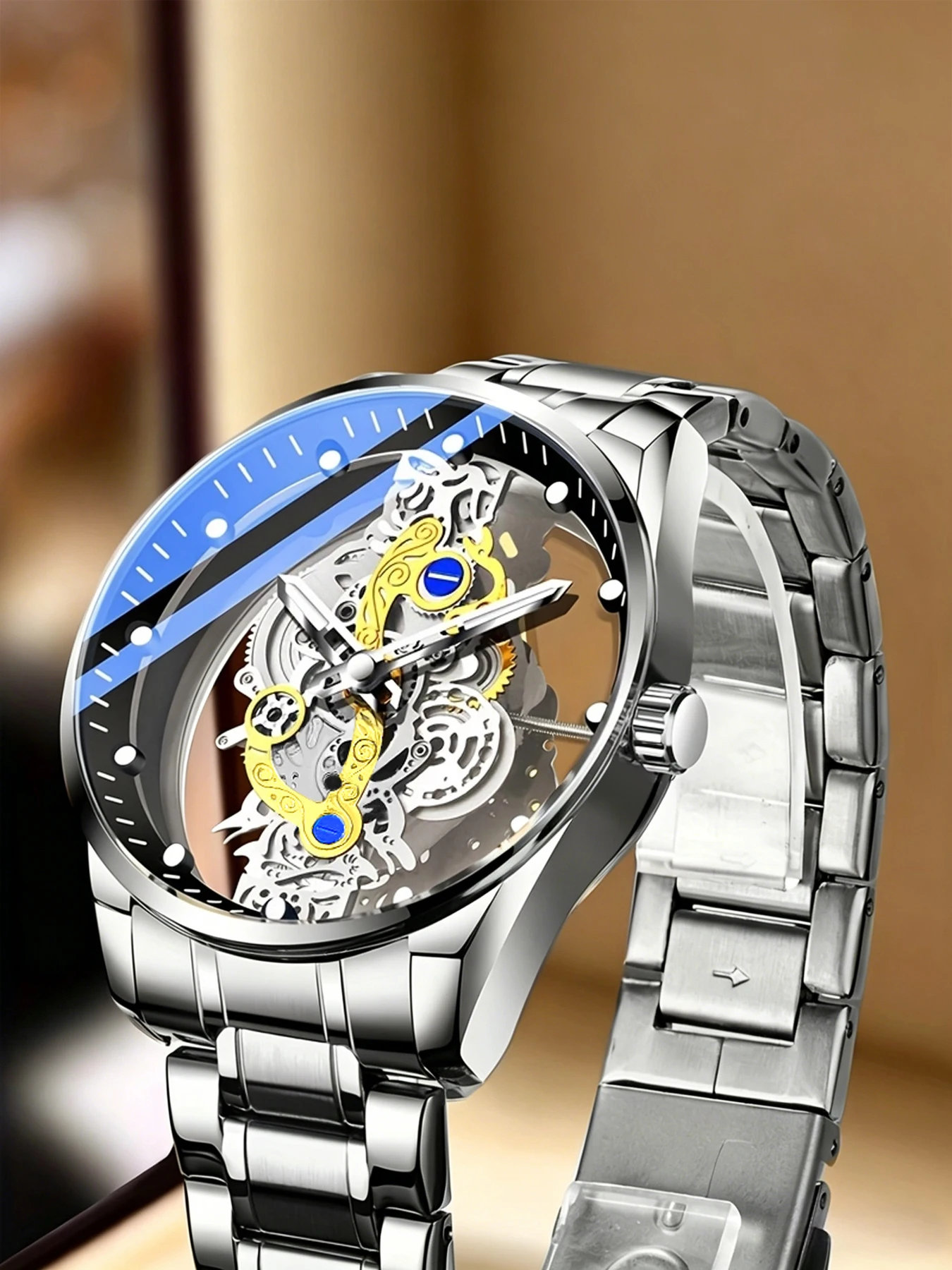 

High-End Men's Luxury Skeleton Quartz Watch, Trendy Men's Watch That Is Popular on Social Media, Fully Automatic Mechanical Visual Steel Band Watch, Waterproof, Wear-Resistant, Non-Fading, Suitable for Business, Banquets, and Daily Wear, Men's High-End Li