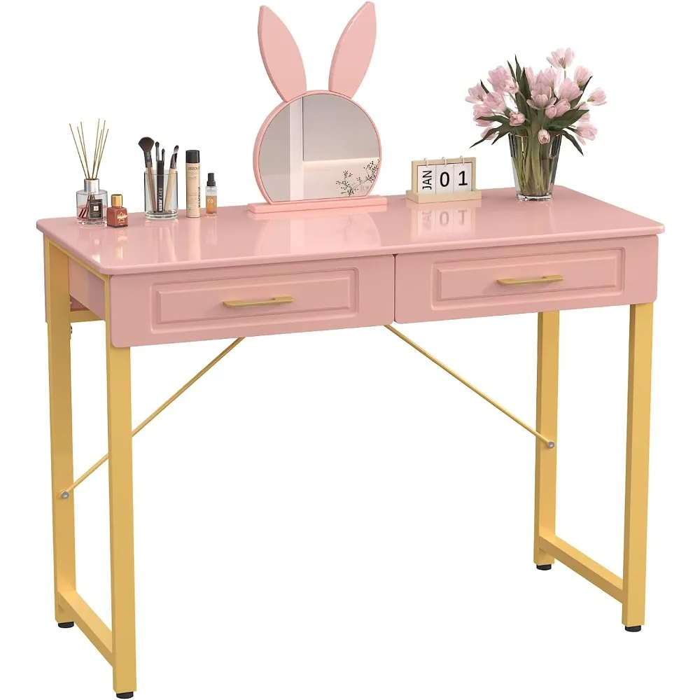 

WESTREE Modern Makeup Vanity Desk with Glossy Desktop,Bedroom Home Office Writing Desk with Drawers, Storage Shelf