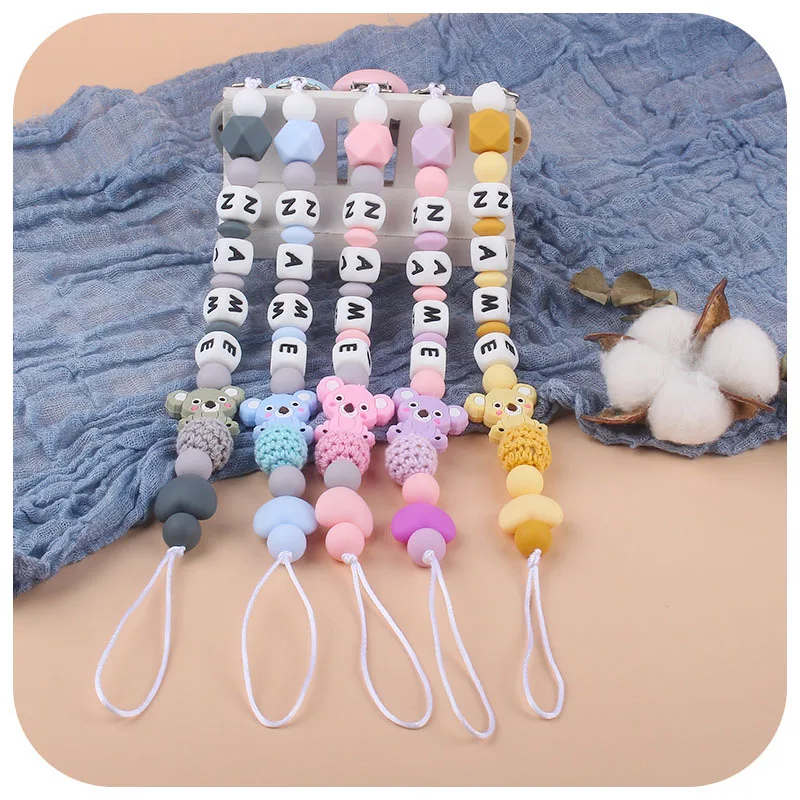 Koala Customized Name Baby Pacifier Clips Chain Silicone English Name Letter Beads Teether Toys Dummy Holder Pacifier Chain Gift