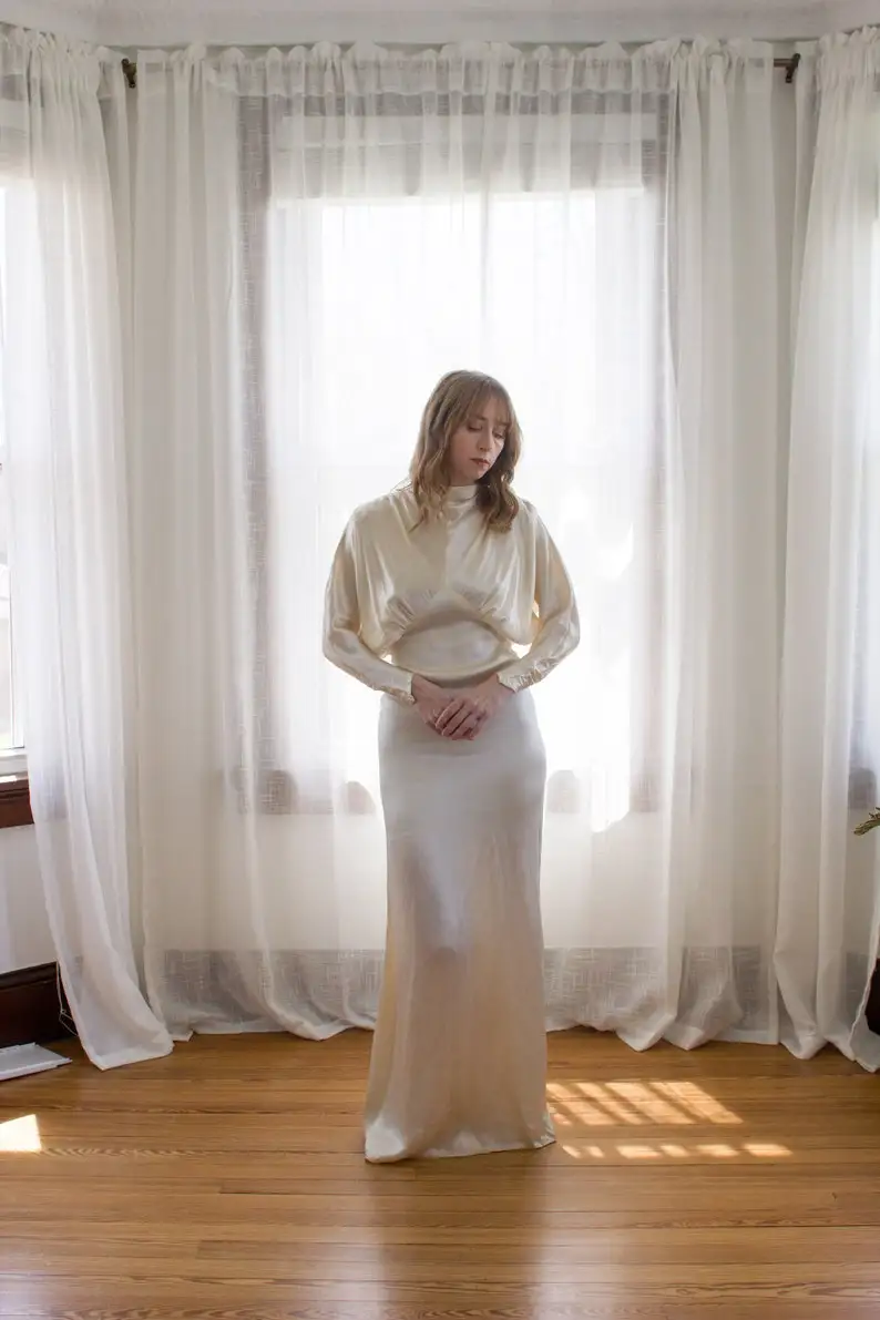 Vintage 1930's Wedding Dress with Dolman sleeves bias cut  art deco Silk Long Sleeve Mermaid Country Bridal Gown customsized