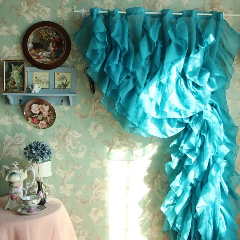 American  Lace  Rococo Lotus Leaf Curtain Cafe Background Gauze Peacock Blue Roman Curtain Home Decor