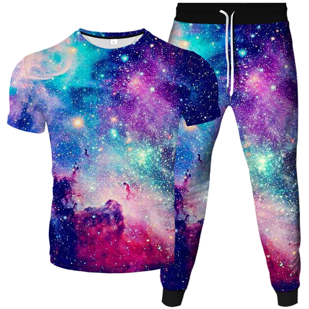 Harajuku Star Space Galaxy Colorful Nebula 3D Print Mens Tracksuit Male T-Shirt+Trousers 2Pcs Sets Oversized S-6XL Clothing Suit