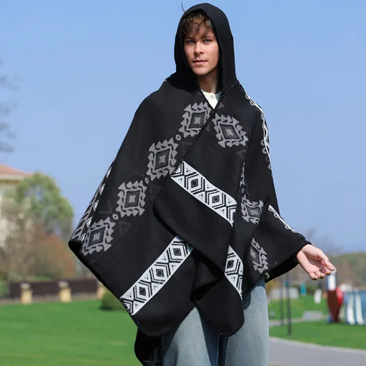 Autumn and Winter Keep Warm New Men's Hooded Cape Shawl Cross-border Hot Selling Split Cape Wholesale Cloak Poncho Gift