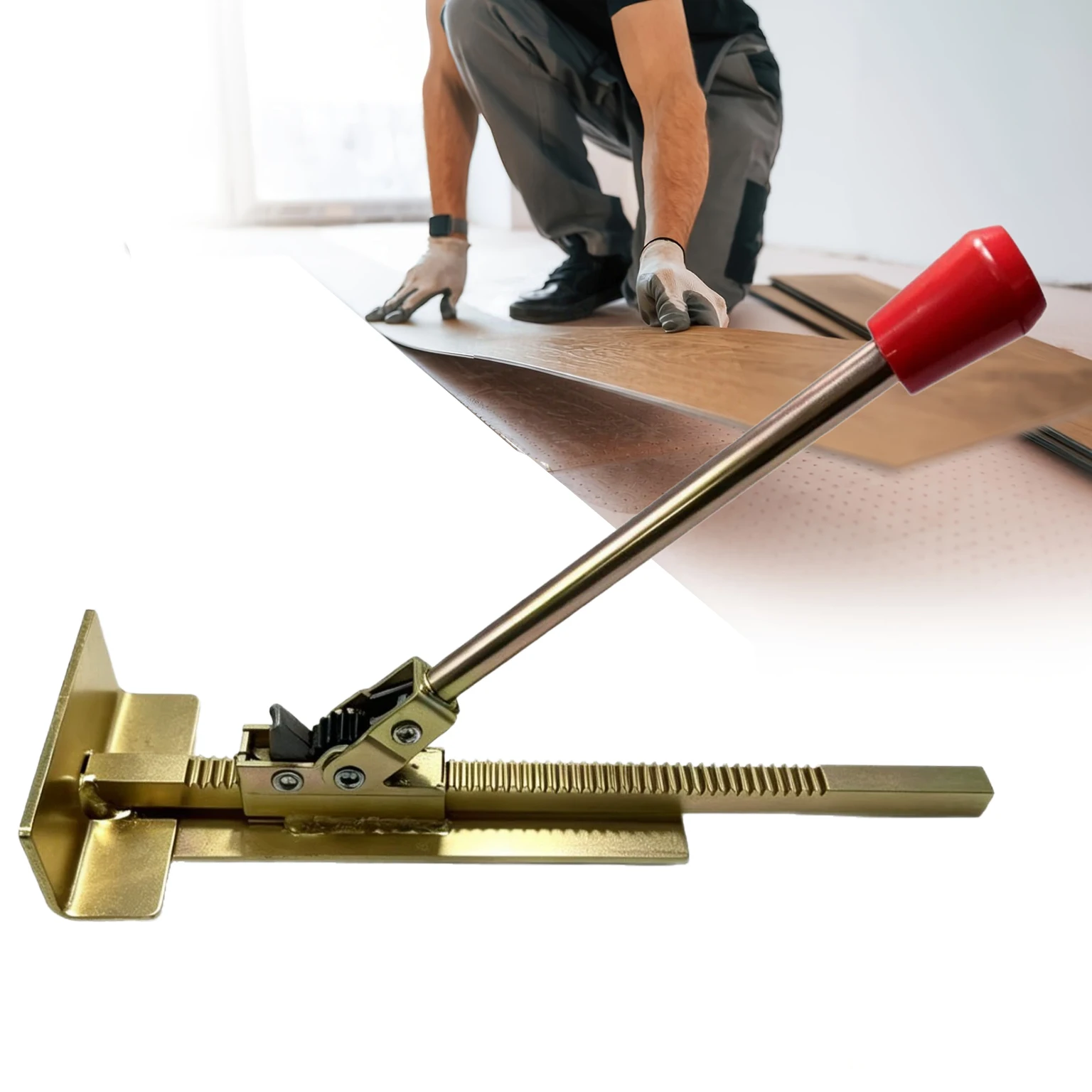 Flooring Clamp Board Puller Tool Ratcheting Hook Head Flat Base Long Lever Red Grip for Floor Installation DIY Labor Saving