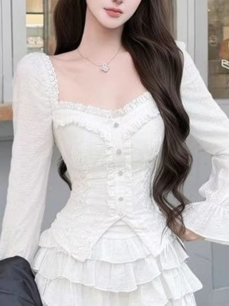 Harajuku French Elegant 2 Piece Set Women Slim Lace Puff Sleeve Blouse + High Waist Ruffle Cake Skirt Fashion Sweet Party Outfit