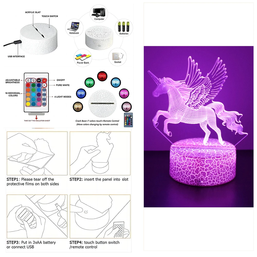 3D Lamp Anime Unicorn LED Night Light RGB Color Changing Child Nightlight Unicorns for Girls Toys Room Bedroom Decoration Gifts