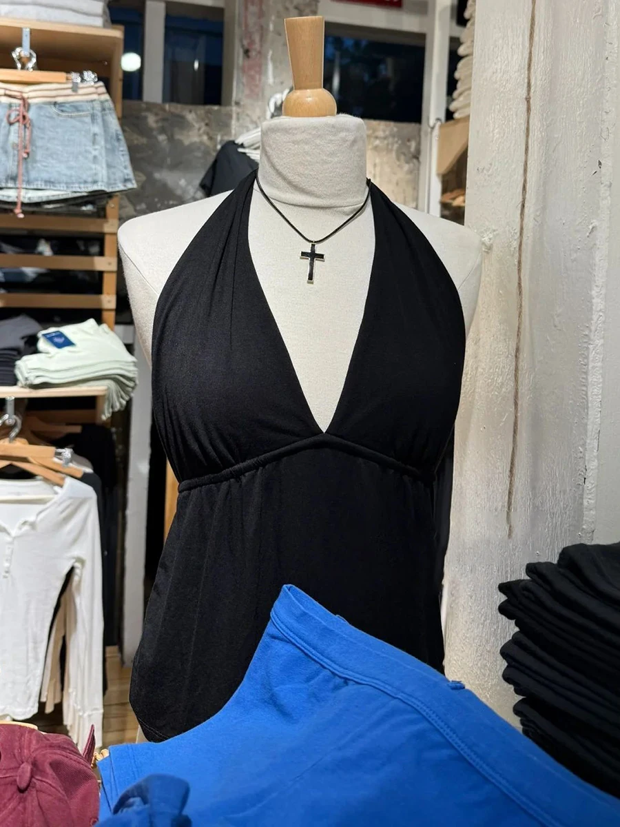 

Однотонный сексуальный тонкий укороченный топ с открытой спиной, женский летний топ с глубоким v-образным вырезом, без рукавов, на шнуровке, с лямкой на шее, повседневные простые хлопковые майки Y2k