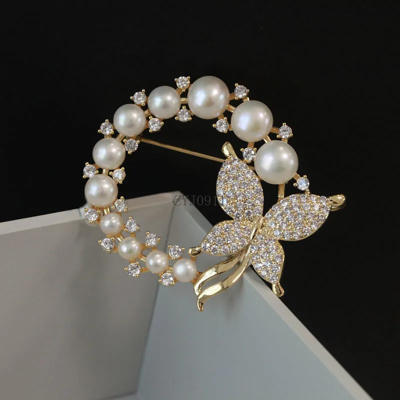 Perle d'eau douce papillon anneau broche haut de gamme femmes or doux polyvalent mode Corsage vêtements accessoires costume broche