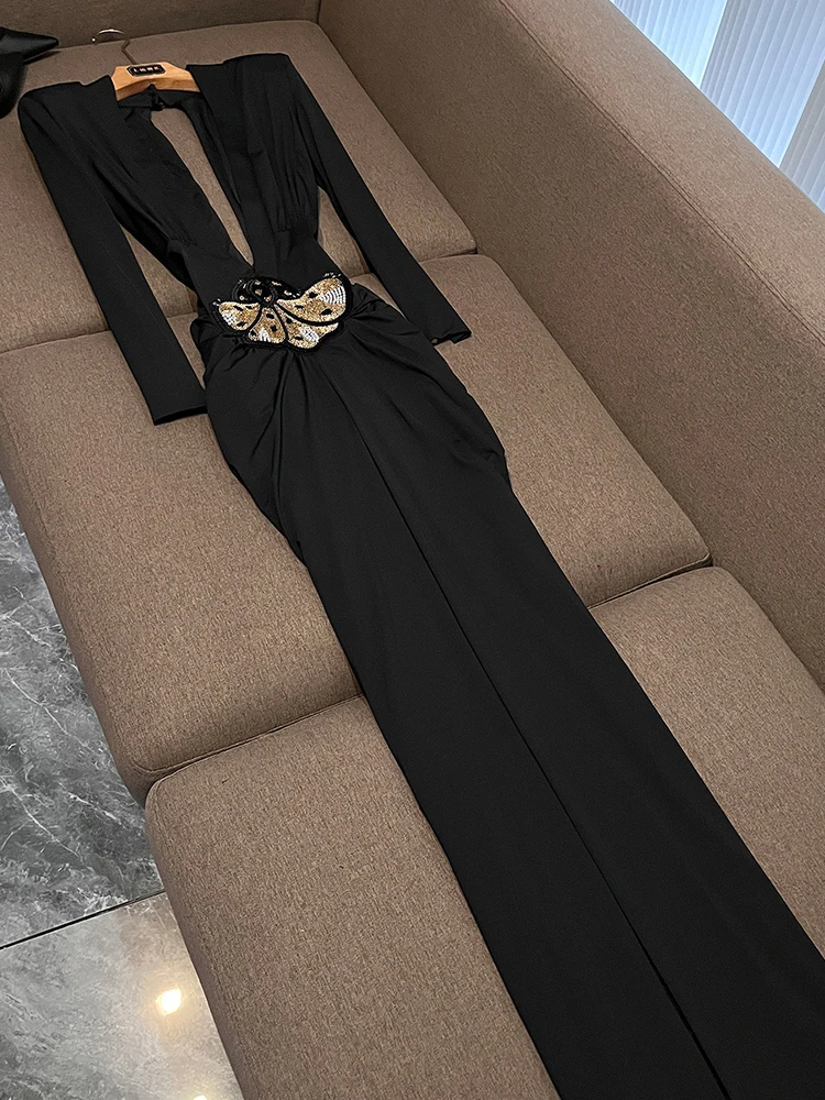 

Ele Bla Long Sve Hollow out V-Ne Cross Dr Metal Fi Tail Skirt High Waist Commute Sle Basic Model OK97