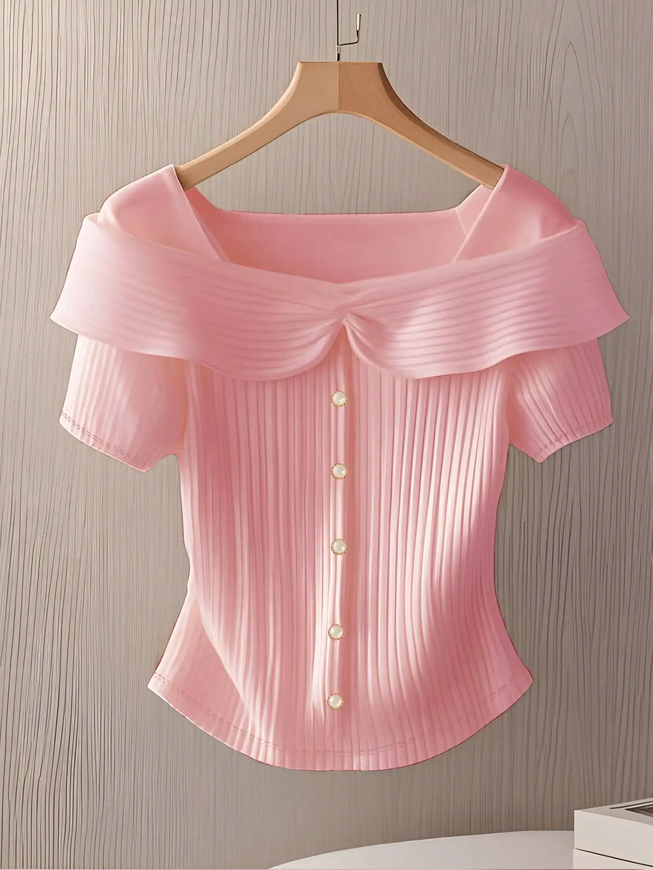 

Women's Off-Shoulder Pleated Top with Pearl Buttons and Ruffle Trim