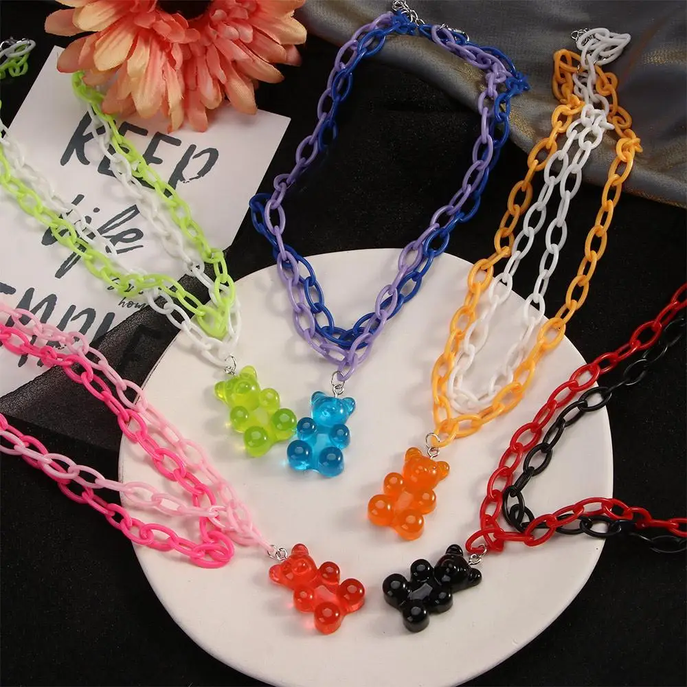 New Cute Cartoon Animal Bear Pendant Necklace Funny Candy Color Acrylic Multilayer Necklace Harajuku Party Jewelry