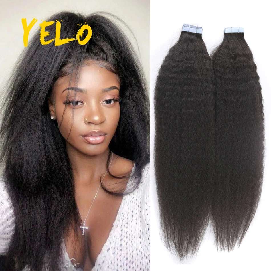 Yelo 12 ”-26” Kinky Straight Tape In Human Hair Extensions Huid Inslag Hair Extension Balayage Accentueren Menselijk Haar Zacht En Veerkrachtig